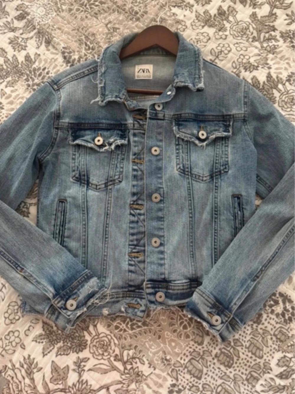 ZARA Faded Light Blue Denim Jacket with Distressed Details